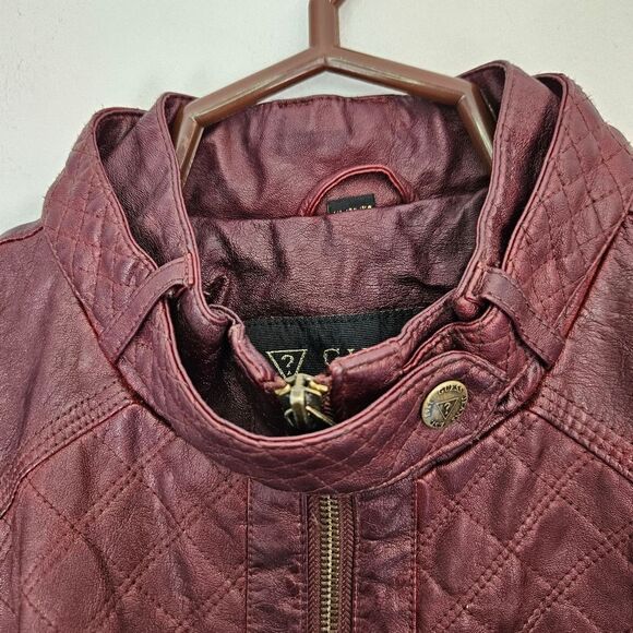 Vintage Guess '90s Burgundy Faux Leather Mandarin Neck Quilted Moto Jacket XL - Picture 4 of 16